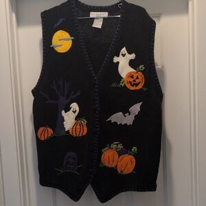 Victoria Jones Woman Black Halloween Vest with Ghost and Pumpkin Designs